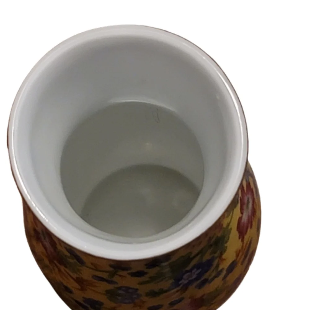 Two’s Company 5.5” FLORAL CHINTZ Bud Vase With Gold Rim yellow blue pink green
